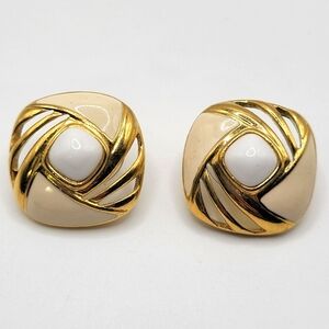 VTG Trifari Earrings | Gold Tone, Cream Enamel, White Milk Glass | 90s | SIGNED